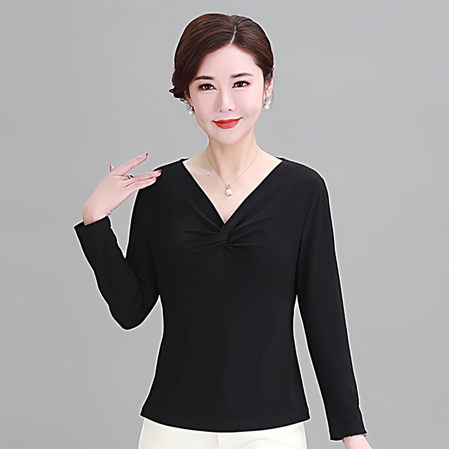 竹语声女装新款外穿2026春季妈妈V领修身纯色长袖上衣广场舞T恤衫