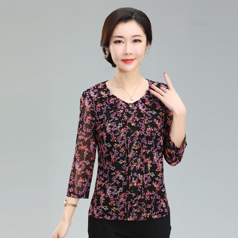 竹语声妈妈七分袖雪纺上衣洋气秋季新款中老年女装网纱T恤小衫薄