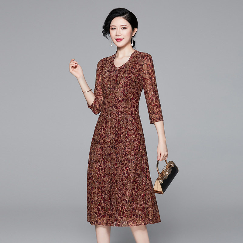 中老年女装裙子大码新款连衣裙春夏印花网纱修身中袖妈妈装中长裙