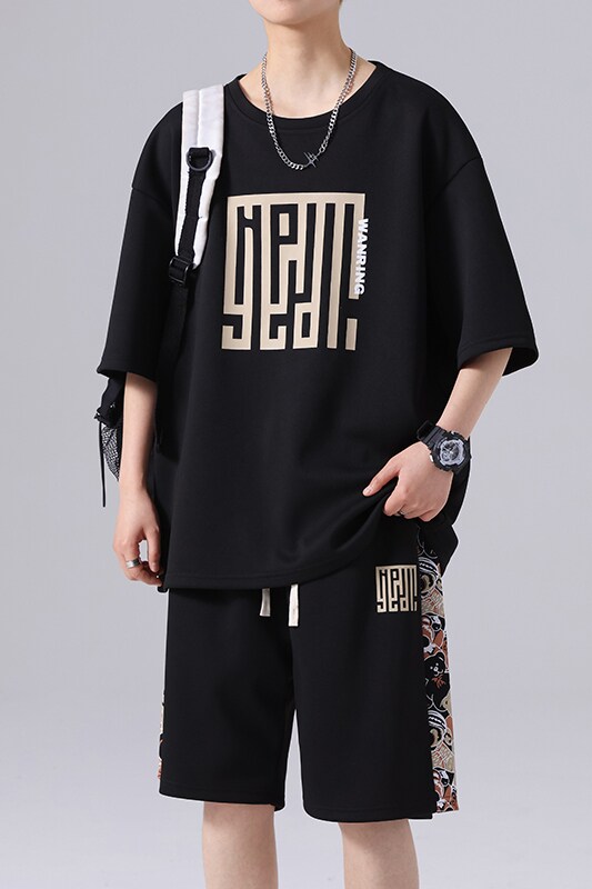 2024夏季冰丝套装男潮流印花两件套短裤短袖休闲A155-WTZ01-TP50,男装休闲套装,电商A155