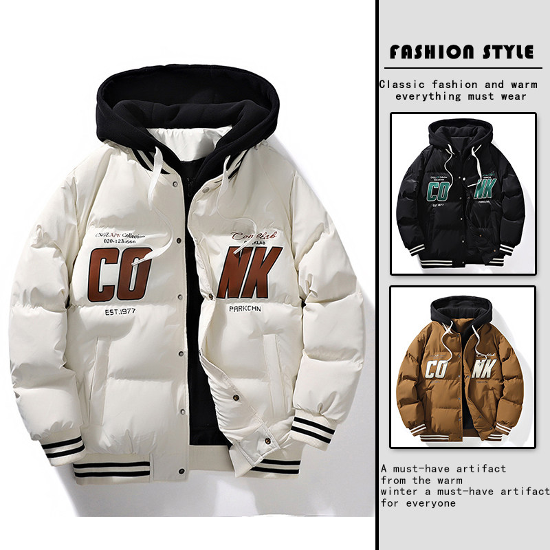 冬季新款潮牌连帽假两件棉衣男加厚保暖面包服潮A155-JYM01-TP108,男装棉衣,电商A155