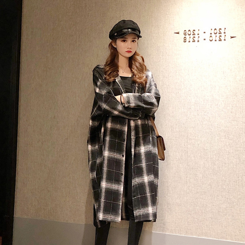 秋季东大门加长款过膝格子衬衫女