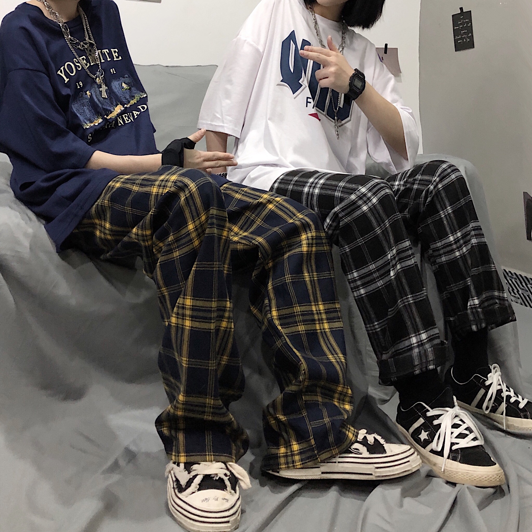 Real photo black and white plaid pants children's loose straight tube drop feeling high waist show thin spring and summer Korean leisure Plaid wide leg pants