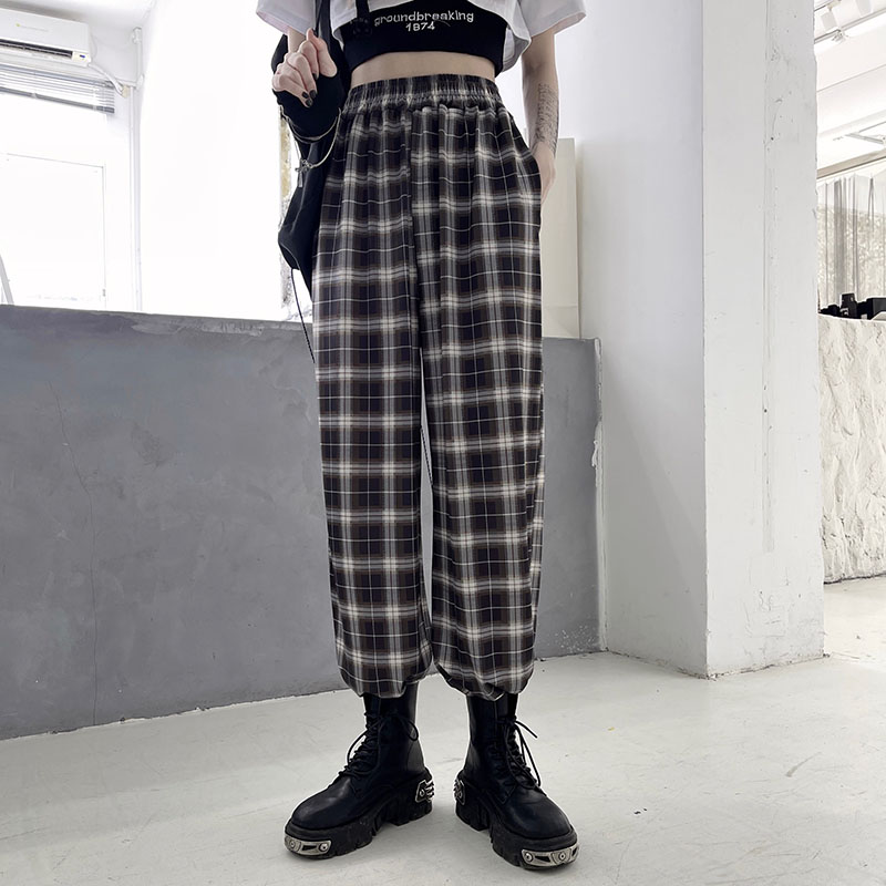 Real photo Korean pants women's summer thin new loose leisure plaid pants with high waist and wide legs