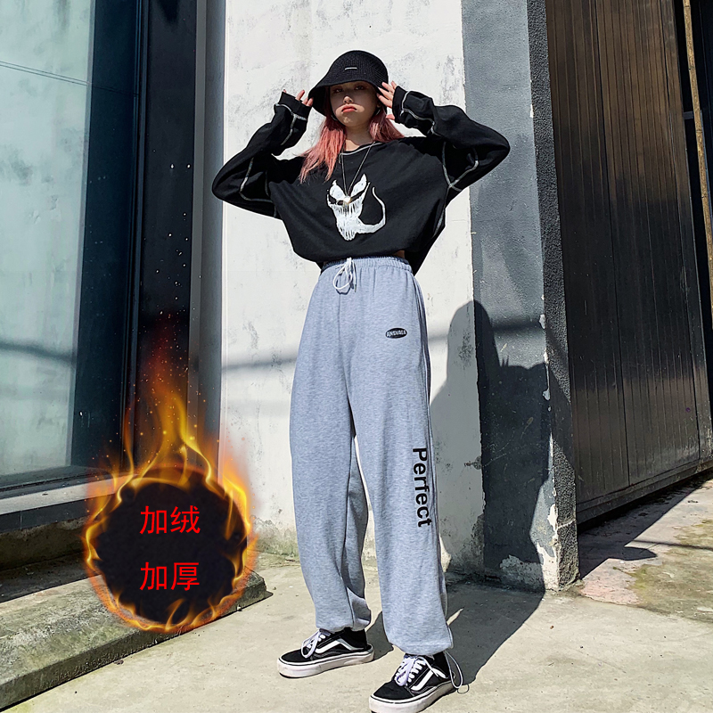 Real shooting autumn and winter new Harajuku leisure sports pants women's College style loose Plush thickened PANTS LEGGINGS