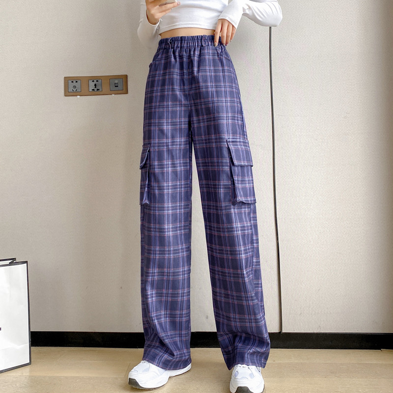 Real shot new purple plaid pants new high waist drop pants loose straight overalls casual pants women's wide leg pants