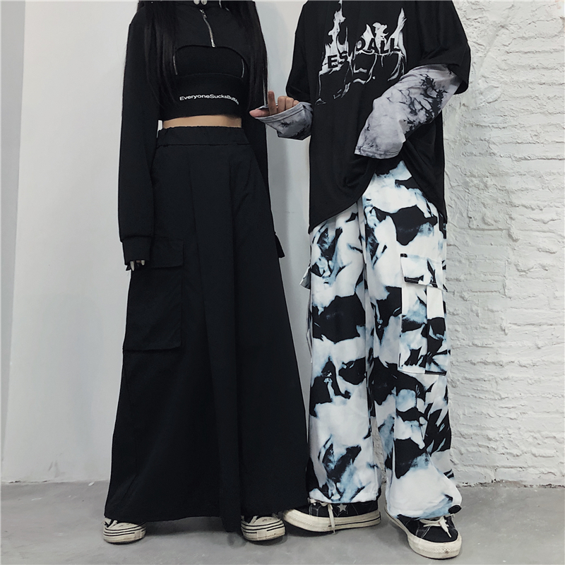 Real shooting autumn and winter new high street dark series splicing straight tube overalls loose wide leg pants casual pants female