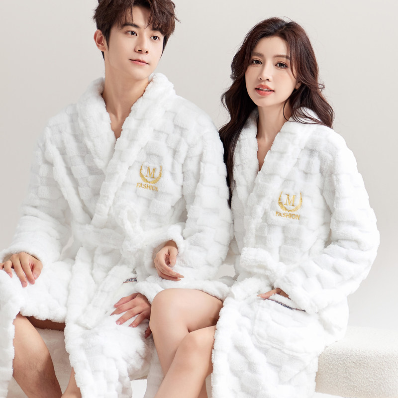 秋冬情侣加厚保暖清新简约中长款睡袍男女便捷年轻宽松珊瑚绒浴袍