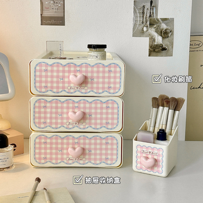 桌面收纳盒抽屉式化妆品小杂物整理口红粉扑化妆刷筒梳妆台置物架