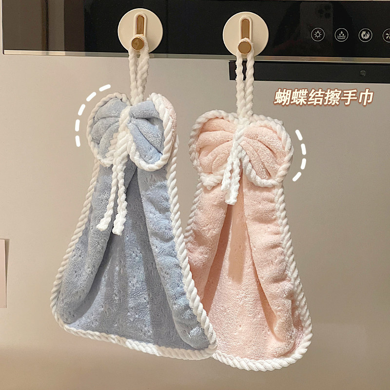 可爱蝴蝶结双面珊瑚绒擦手巾挂式超强吸水厨房卫生间儿童专用手帕,家庭/个人清洁工具,厨房擦手巾,淘宝优惠券,粉丝福利购,淘宝优惠卷
