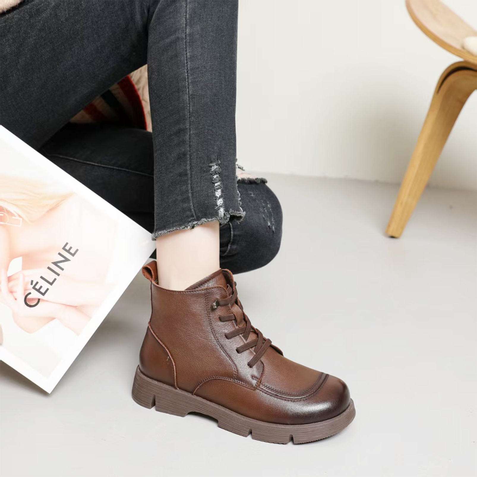 冰洁真皮圆头加绒软底短靴棉鞋女