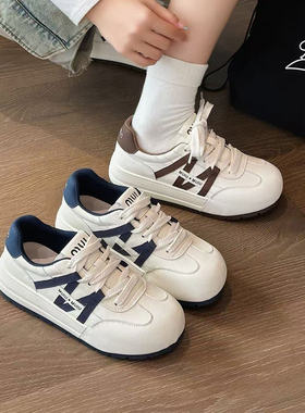 冰洁女鞋2025秋季新款真皮圆头厚底防滑休闲运动鞋德训鞋15-25762