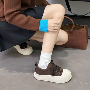 冰洁女鞋2025秋冬新款真皮圆头厚底加绒保暖板鞋休闲运动鞋55183