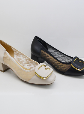 女鞋2025夏季新款真皮网纱浅口圆头中跟舒适单鞋女05230