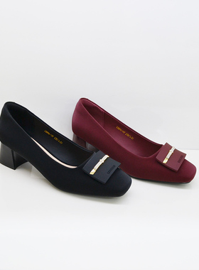 冰洁女鞋2025春秋新款真皮方头粗跟浅口婚礼喜婆婆单鞋23096-197