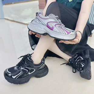 冰洁女鞋2025秋季新款真皮网面圆头松糕底休闲运动鞋老爹鞋51-689