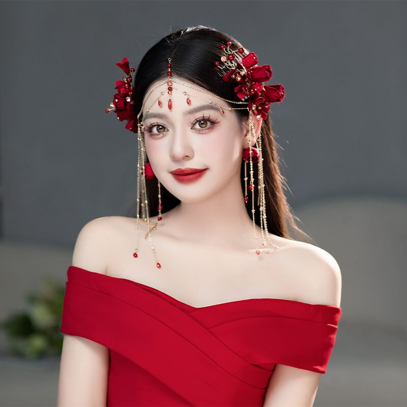 新款森系仙美红色花苞发夹套装新民族风发饰