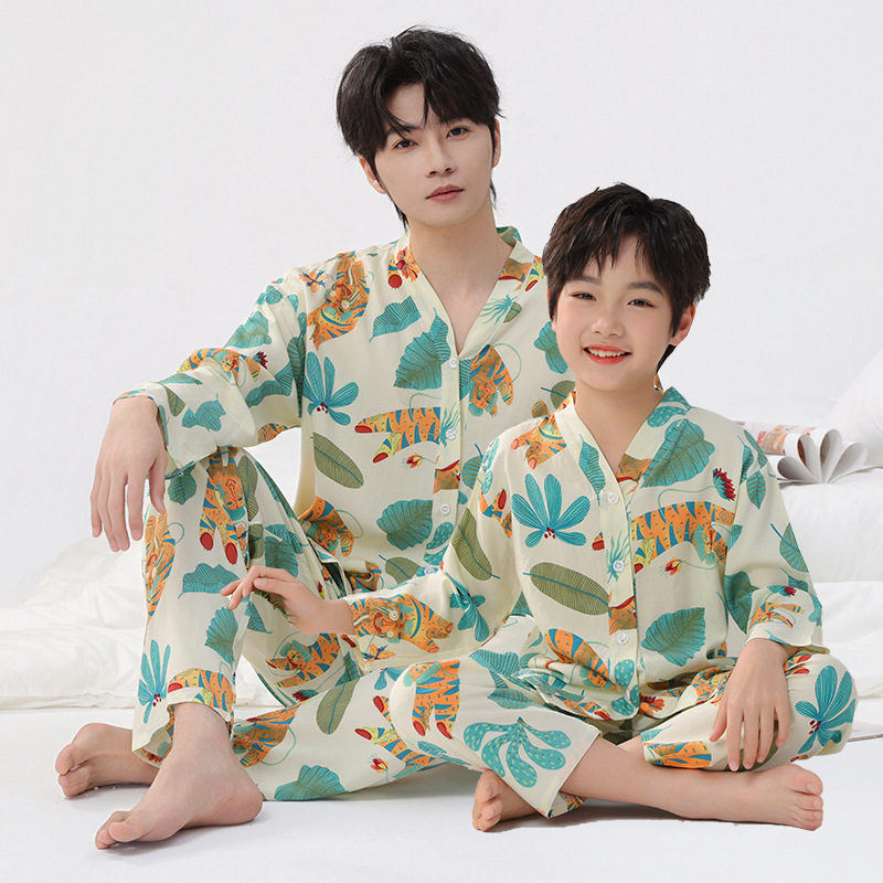 儿童棉绸亲子装绵绸睡衣套装男童小孩父子母女夏季家居女童空调服