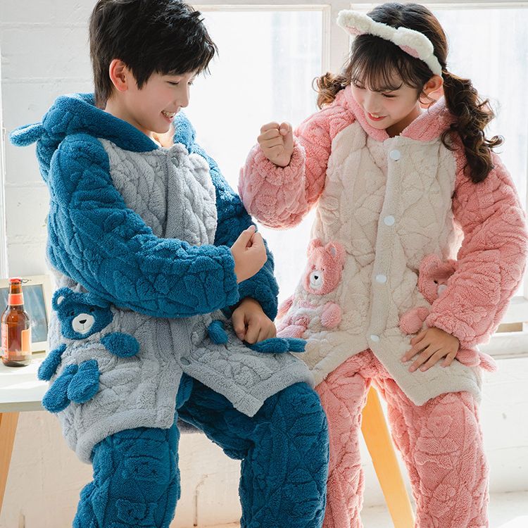 冬季男童三层夹棉中长款法兰绒加厚女童珊瑚绒儿童睡衣套装家居服