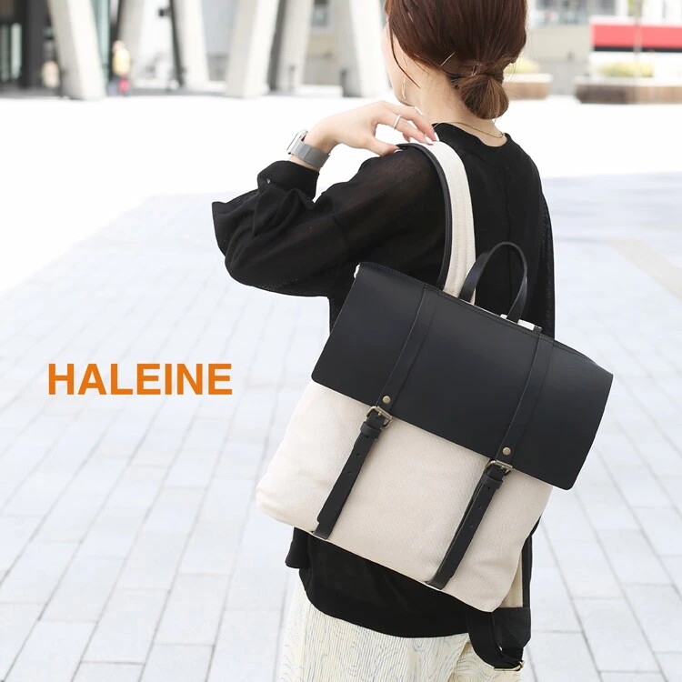 日本代购 HALEINE 时尚双肩背包 通勤帆布鞣革帆布包A4 旅行包