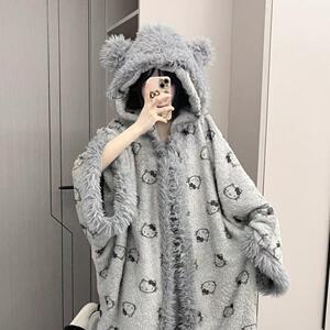 KT猫睡袍女秋冬季珊瑚绒中长款加绒加厚连帽斗篷睡衣裙卡通家居服