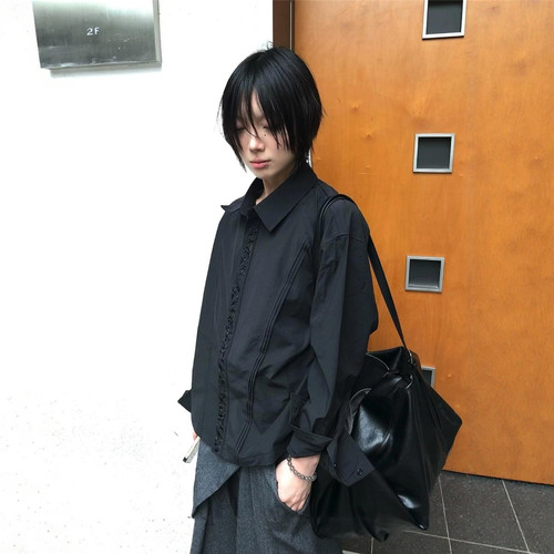永生花刺绣衬衫纯色捏褶长袖上衣