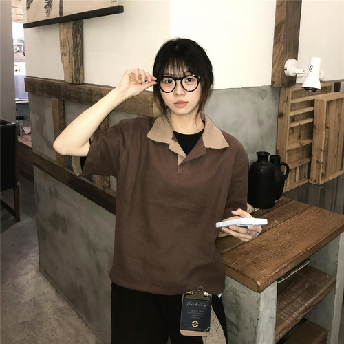 RBM棉麻撞色POLO领短袖衬衫t恤