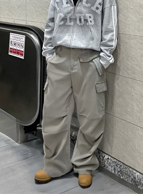 RULE BY ME 美式复古多口袋褶皱阔腿工装裤男女宽松休闲直筒长裤