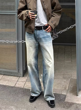RuleByMe 牛王05重磅vintage水洗做旧A字版型猫须蜂窝直筒牛仔裤