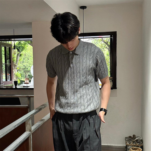 老钱LP风绞花翻领polo衫针织短袖