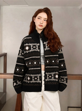 RULE BY ME 复古巴洛克图腾费尔岛提花针织毛衣男女舒适保暖外套