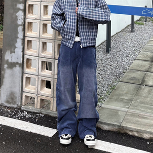 RBM美式复古灯芯绒做旧酵素水洗法工蓝直筒休闲长裤vintage裤男女