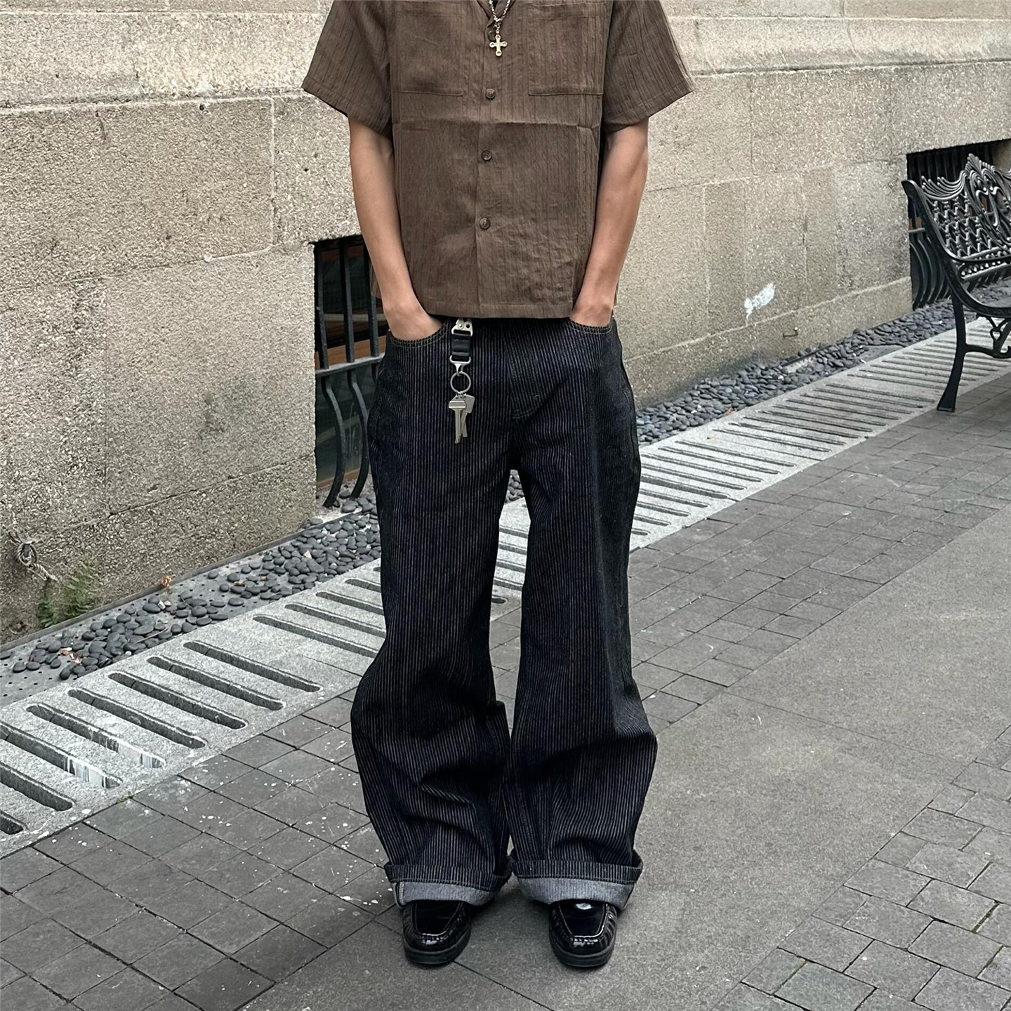 RBM 坑条提花条纹水洗原牛14盎司直筒微喇牛仔裤A字阔腿百搭长裤