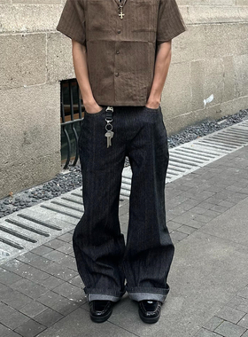 RBM 坑条提花条纹水洗原牛14盎司直筒微喇牛仔裤A字阔腿百搭长裤