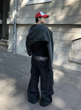 RULE BY ME 复古后腰字母多口袋褶皱工装裤男女宽松百搭休闲裤子