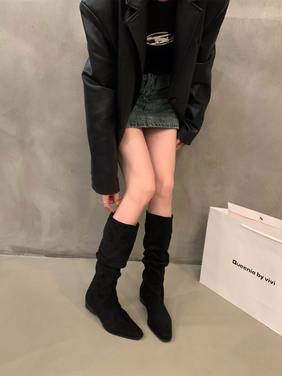 두꺼운 굽 서양 카우보이 복고풍 부츠 여성 신발 2024 새로운 가을 겨울 플러스 벨벳 더미 부츠 긴 무심한 부츠