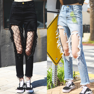 Ade独家定制 酷到没闺蜜怎么办？大破洞直筒牛仔裤 送网袜