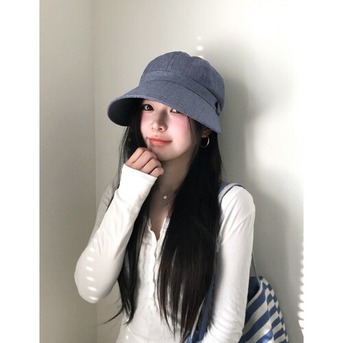 陈哈哈清爽美女~条纹卷檐户外休闲大帽檐盆帽渔夫帽遮阳透气百搭