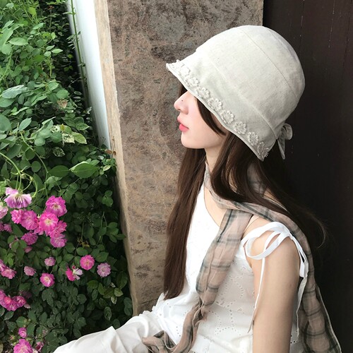 陈哈哈日系刺绣亚麻可爱渔夫帽春夏出游海边遮阳帽子显脸小盆帽女
