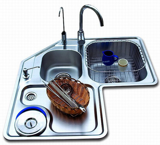 浦项sus304不锈钢材料转角水槽90度水盆 拐角台盆 大双槽带板d04f