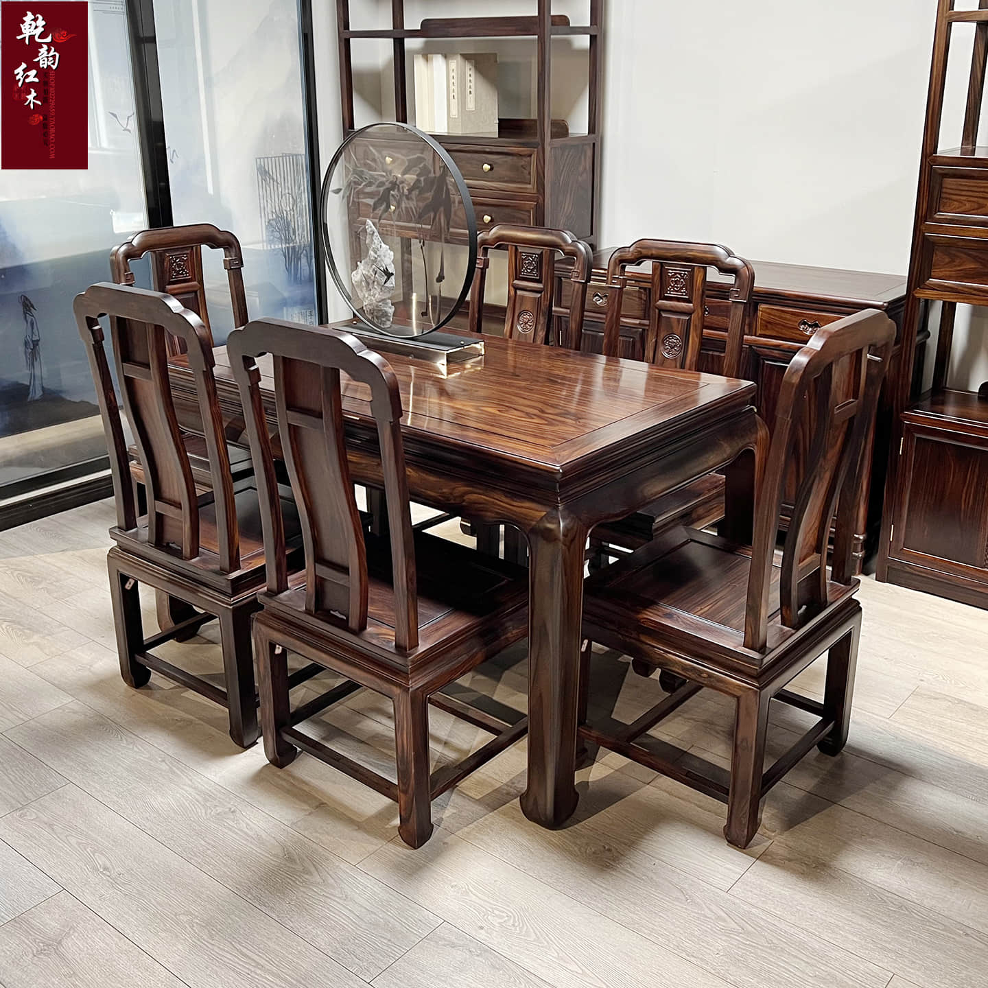 素面国标印尼黑酸枝木西餐桌阔叶黄檀长方形餐台红木饭桌7件套