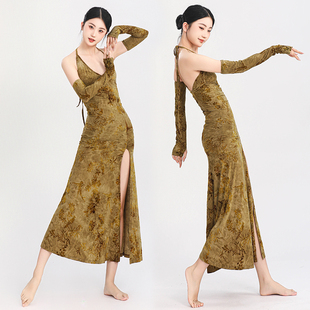 古典气质高级感改良舞蹈旗袍服男女反串性感V领挂脖露背开叉长裙