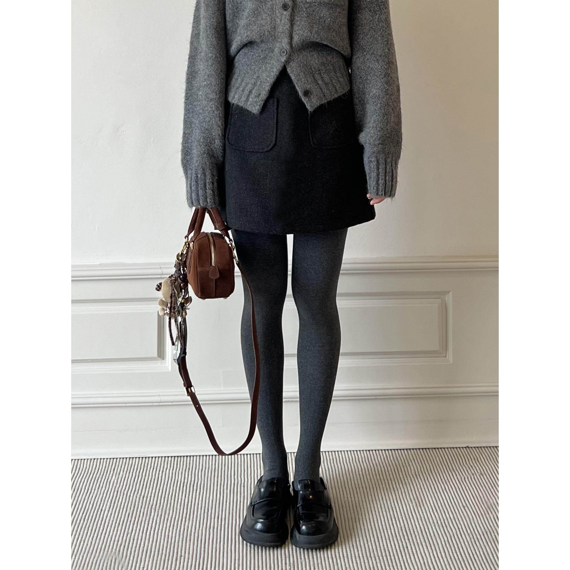 Alins House深灰色毛呢点点大口袋百搭保暖显瘦半身裙A字裙秋冬