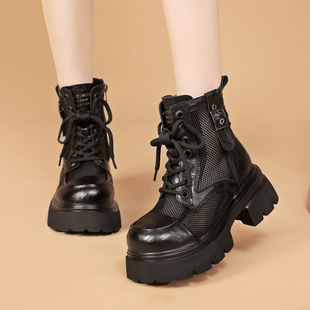 网纱镂空马丁靴女休闲透气粗跟增高6cm显瘦短靴 时尚 2026春季 新款