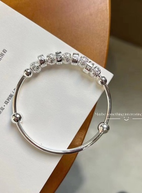 串珠推拉手镯s999足银手镯时尚经送女朋友送妈妈情人节七夕礼物