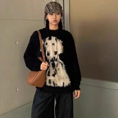 美式酷girl~斑点狗仿水貂马海毛套头毛衣女秋冬中长款宽松针织衫