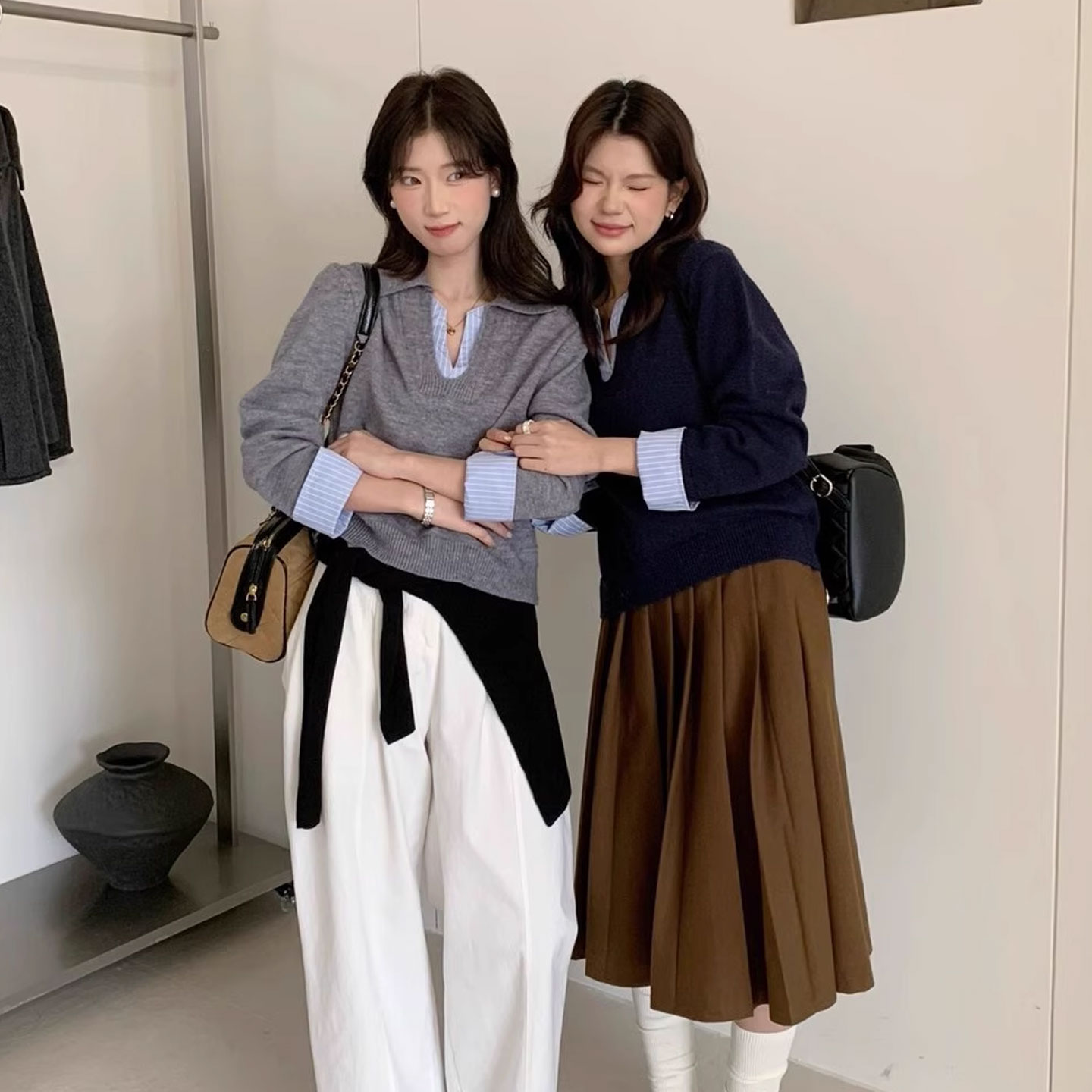通勤气质假两件打底针织衫女秋冬