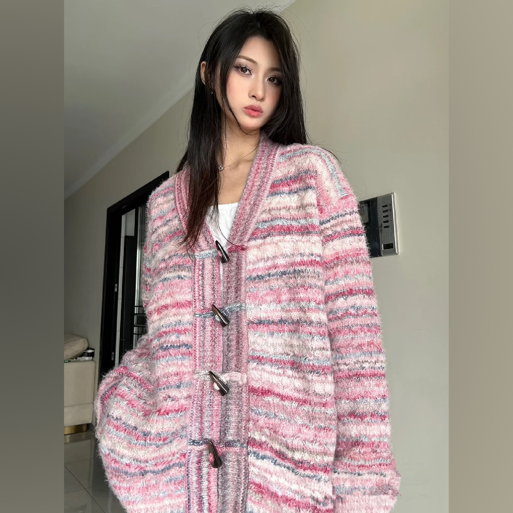 潮牌彩粉色开衫毛衣中长款女秋冬宽松大版慵懒风针织开衫外套