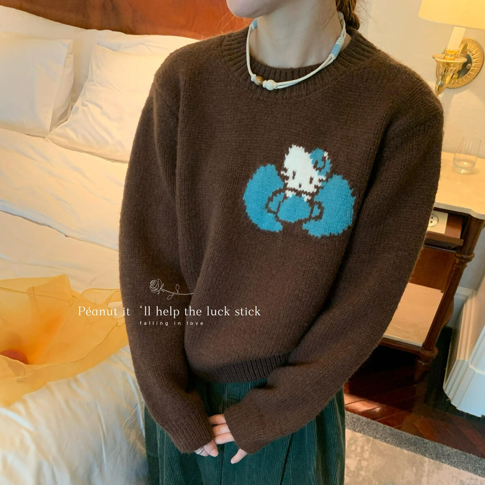 复古小众卡通KT猫套头毛衣女秋冬厚款圆领宽松套头保暖针织打底衫