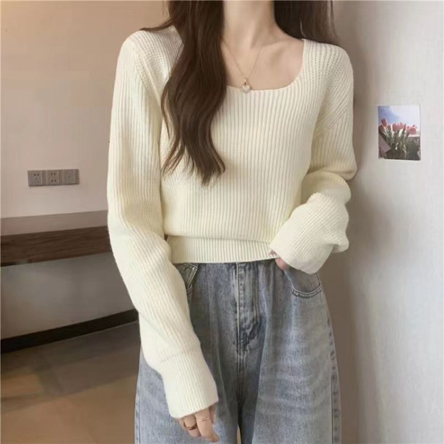 方领高腰小短款打底衫女秋冬小个子简约基础百搭套头毛衣针织衫
